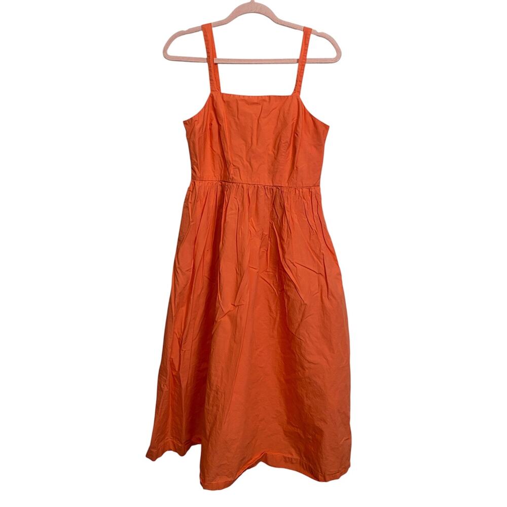 A New Day Women Orange Cotton Sundress Midi Dress Smocked back Pockets M